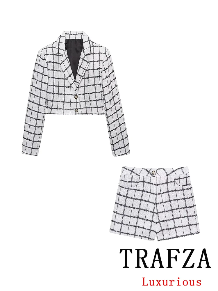 TRAFZA Vintage Casual Chic Women Plaid Suits Turn-down Collar Short Blazer Wide Leg Shorts Fashion 2025 Spring Office Lady Suits
TRAFZA Vintage Casual Chic Women Plaid Suits Turn-down Collar Short Blazer Wide Leg Shorts Fashion 2025 Spring Office Lady Suits