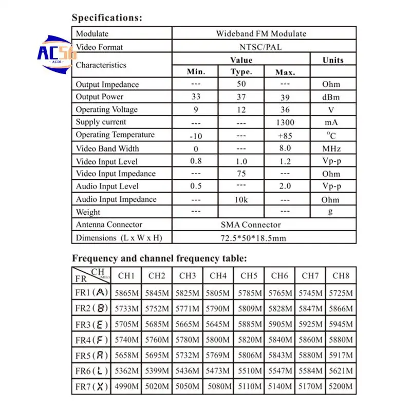 AC56-TS-5W 5.8G 56CH Transmitter Wideband FM Modulate AV Transmitter Module Audio Video Transmitter
AC56-TS-5W 5.8G 56CH Transmitter Wideband FM Modulate AV Transmitter Module Audio Video Transmitter