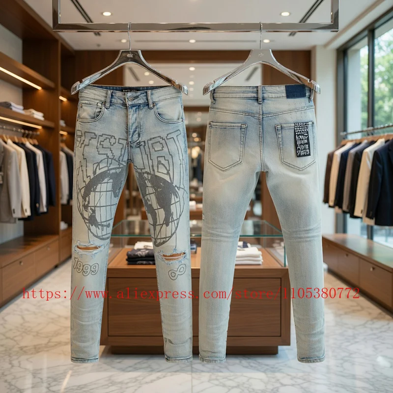 2026 Hot New Men's Light Blue Washed Ripped Skinny Jeans Globe Print Slim Fit Denim Pants High Street Casual Trousers
2026 Hot New Men's Light Blue Washed Ripped Skinny Jeans Globe Print Slim Fit Denim Pants High Street Casual Trousers