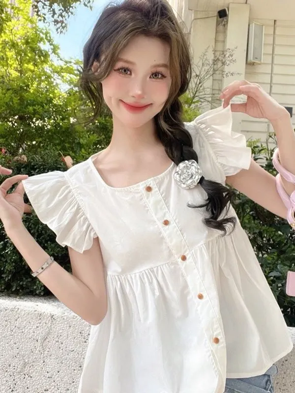 Pure Cotton Fly Sve irt Women's Design Sensation Summer High-End Beautiful Doll irt Korean Sle Loose Fit ort Sve
Pure Cotton Fly Sve irt Women's Design Sensation Summer High-End Beautiful Doll irt Korean Sle Loose Fit ort Sve