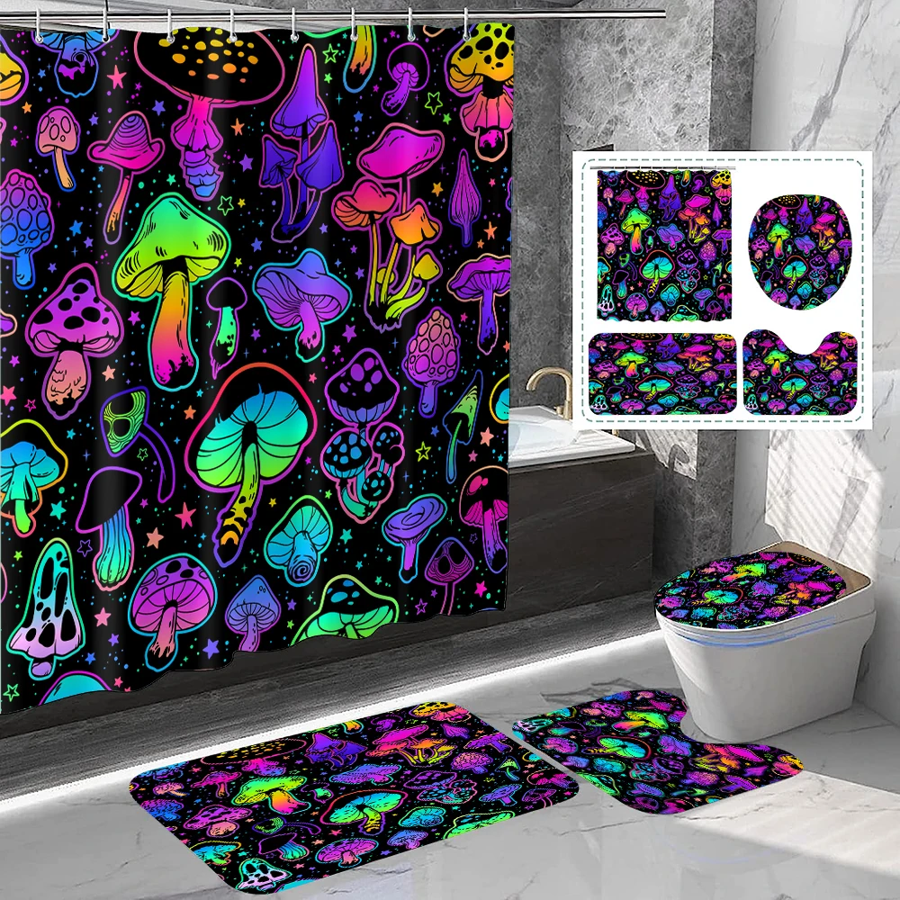 1 set of colorful magical mushroom printed shower curtains, cartoon style, with plastic hooks and bathroom floor mats
1 set of colorful magical mushroom printed shower curtains, cartoon style, with plastic hooks and bathroom floor mats