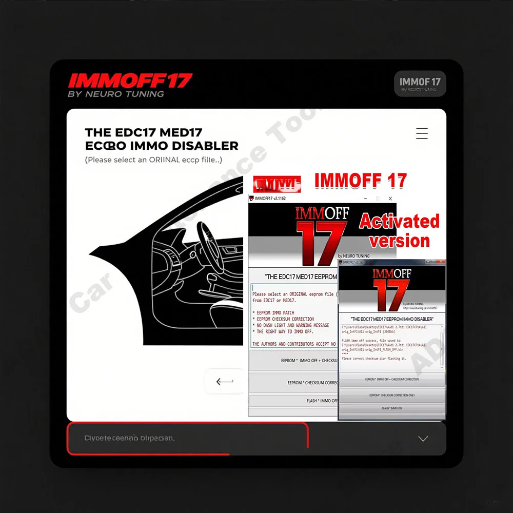 IMMO OFF 17 IMMOFF17 Versión de activación de software EDC17 MED17 Ecu EEPROM IMMO PATCH Corrección de suma de comprobación
IMMO OFF 17 IMMOFF17 Versión de activación de software EDC17 MED17 Ecu EEPROM IMMO PATCH Corrección de suma de comprobación
