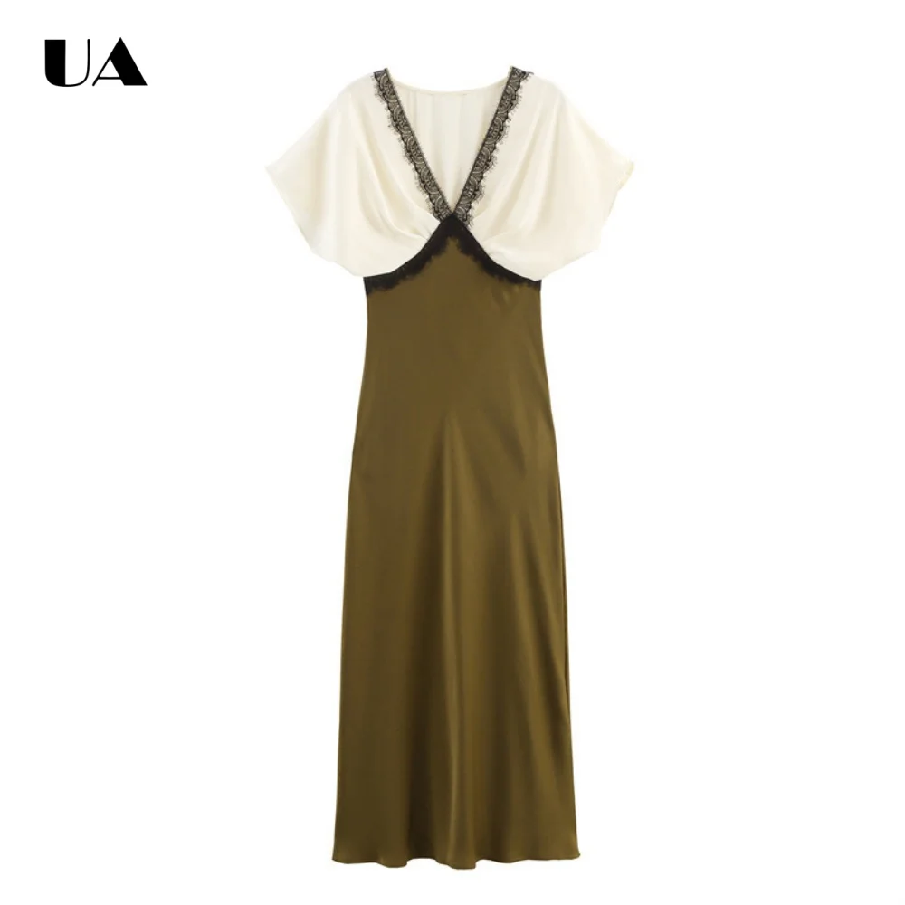 Elegant Straight Draped Midi Dress with Lace-trimmed V-neck Trendy Batwing Sleeve Long Dress for Woman Vintage Color Block Dress
Elegant Straight Draped Midi Dress with Lace-trimmed V-neck Trendy Batwing Sleeve Long Dress for Woman Vintage Color Block Dress