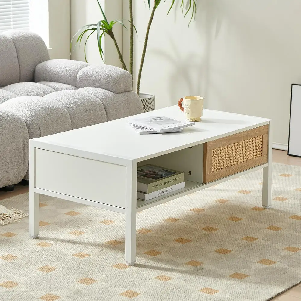 40" Rattan Coffee Table Modern White MDF with Sliding Door Storage Metal Legs Living Room Furniture
40" Rattan Coffee Table Modern White MDF with Sliding Door Storage Metal Legs Living Room Furniture