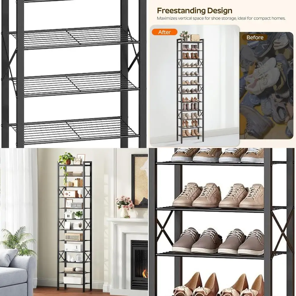 Stylish 12-Tier Metal Shoe Organizer, Holds 12-24 Pairs, Wooden Top, Slim Design for Entryway, Black
Stylish 12-Tier Metal Shoe Organizer, Holds 12-24 Pairs, Wooden Top, Slim Design for Entryway, Black