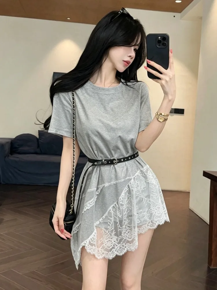 Korean Style Commuter Fashion Short Sleeve T-Shirt Women's Slim Fit Lace Trim Splicing Waist Belt Casual Summer Top
Korean Style Commuter Fashion Short Sleeve T-Shirt Women's Slim Fit Lace Trim Splicing Waist Belt Casual Summer Top