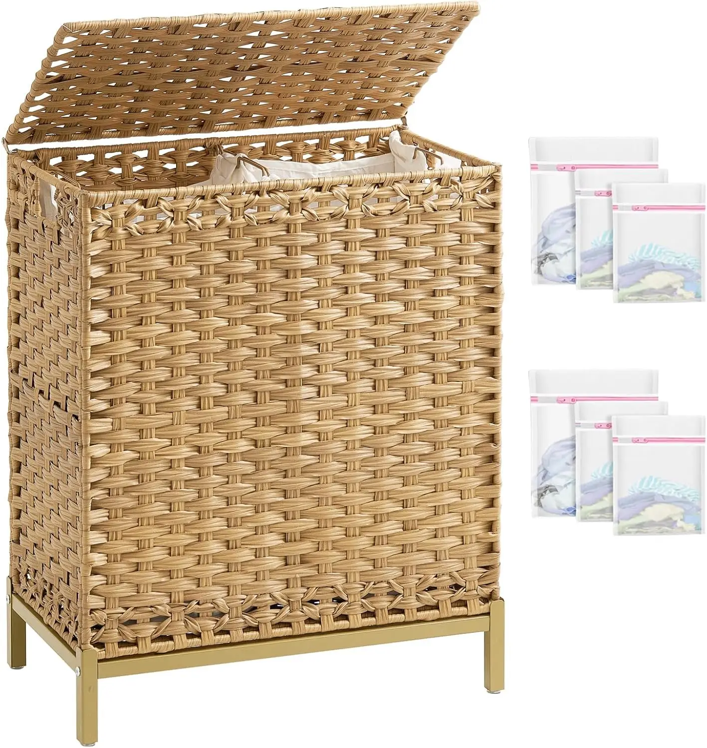 112L Handwoven Rattan Laundry Basket with Lid, 2 Removable Liners, Metal Feet, 6 Mesh Bags for Bathroom Bedroom
112L Handwoven Rattan Laundry Basket with Lid, 2 Removable Liners, Metal Feet, 6 Mesh Bags for Bathroom Bedroom