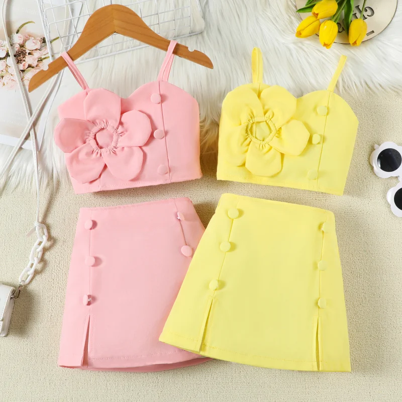 Summer Girls' Outfit Toddler Three-Dimensional Flower Strap Top Decorative Button Short Skirt Set
Summer Girls' Outfit Toddler Three-Dimensional Flower Strap Top Decorative Button Short Skirt Set