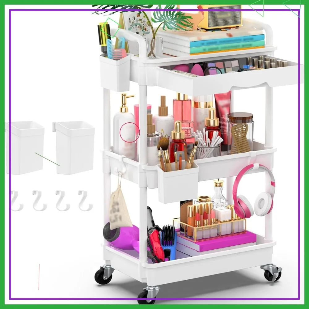 3-Tier Rolling Utility Cart with Removable Drawer, Lockable Wheels for Bathroom Kitchen Storage
3-Tier Rolling Utility Cart with Removable Drawer, Lockable Wheels for Bathroom Kitchen Storage