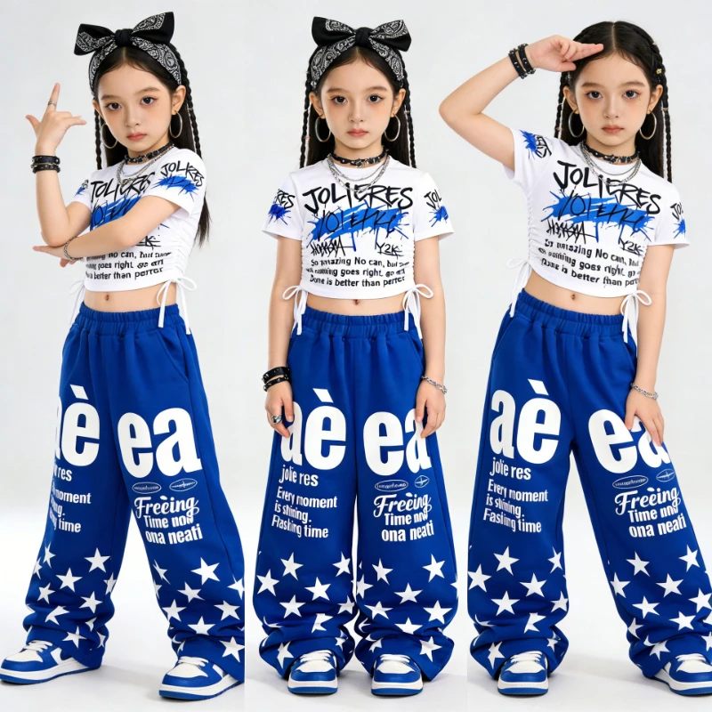 Modern Jazz Dance Clothes Girls Letter Print Tops Blue Baggy Pants Short Sleeves Hip Hop Performance Set Group Concert Kpop Wear
Modern Jazz Dance Clothes Girls Letter Print Tops Blue Baggy Pants Short Sleeves Hip Hop Performance Set Group Concert Kpop Wear