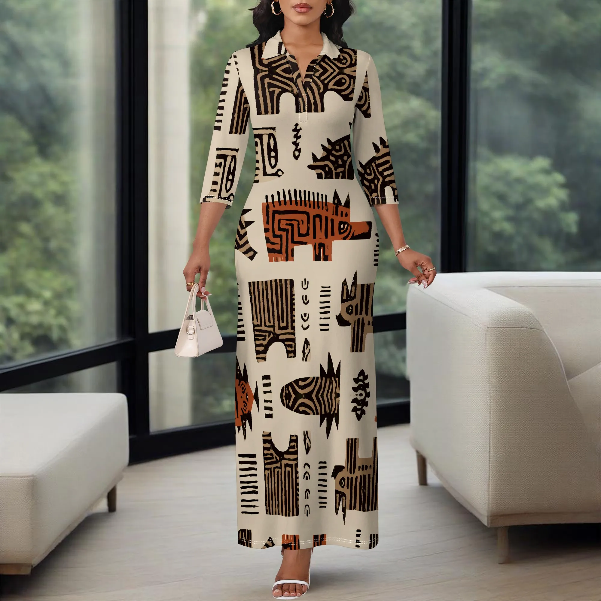 Tribal Animal Print Maxi Dress XS-3XL Collar V-Neck Slim Fit 3/4 Sleeve for Afro Art Show, Cultural Festival or Gallery Look
Tribal Animal Print Maxi Dress XS-3XL Collar V-Neck Slim Fit 3/4 Sleeve for Afro Art Show, Cultural Festival or Gallery Look