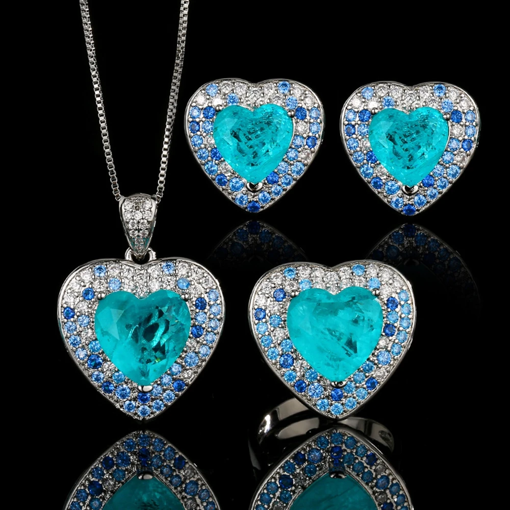 Jewelry Set Ring Necklace Earrings Heart of the Ocean Paraiba Blue Light Fashion Luxury Women's Jewelry 
Jewelry Set Ring Necklace Earrings Heart of the Ocean Paraiba Blue Light Fashion Luxury Women's Jewelry