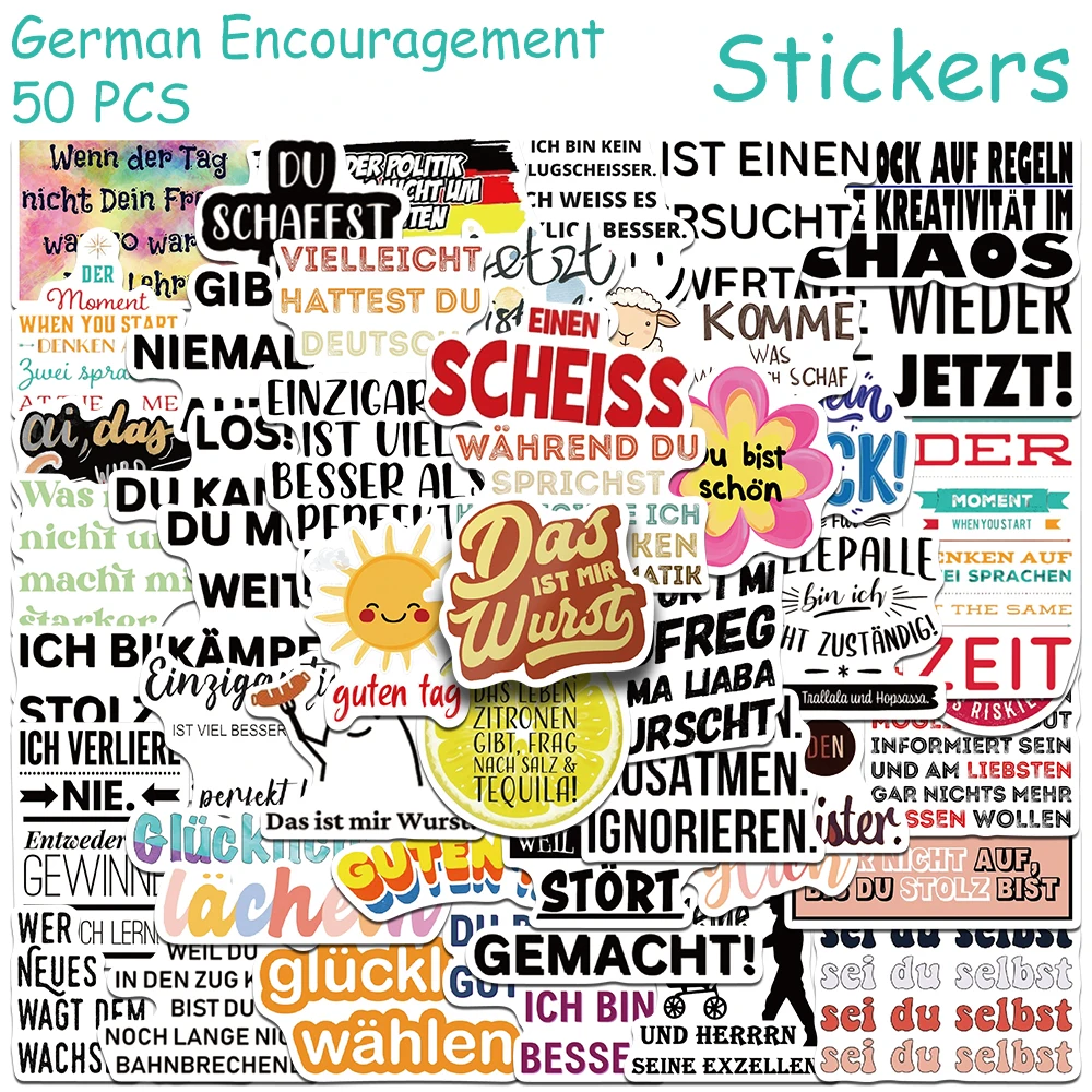 50pcs Graffiti German Encouragement Stickers Decals For Phone Laptop Notebook Suitcase Skateboard DIY Cartoon Aesthetic Stickers
50pcs Graffiti German Encouragement Stickers Decals For Phone Laptop Notebook Suitcase Skateboard DIY Cartoon Aesthetic Stickers