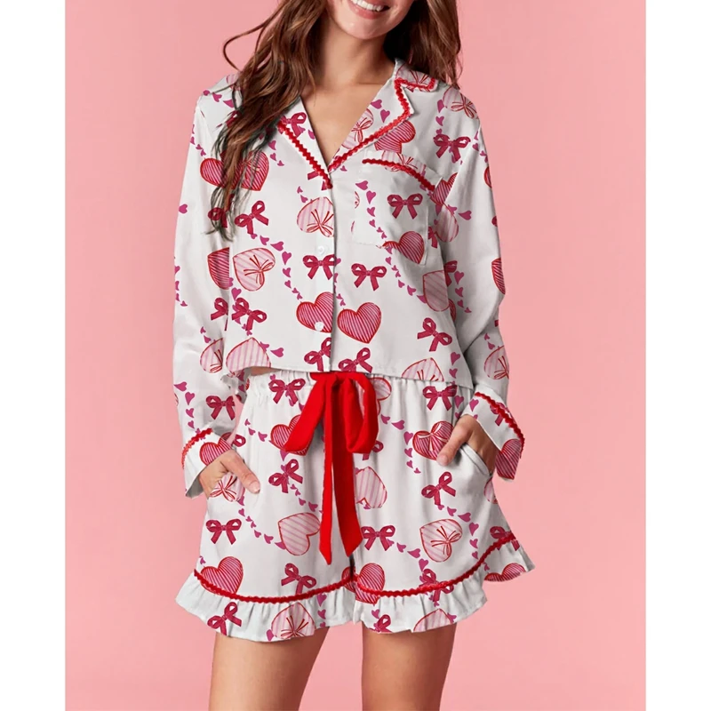 Combhasaki Women Valentines 2Pc Pajamas Set Love Heart Bow Print Button Down Lapel V Neck Long Sleeve Top with Shorts Loungewear
Combhasaki Women Valentines 2Pc Pajamas Set Love Heart Bow Print Button Down Lapel V Neck Long Sleeve Top with Shorts Loungewear