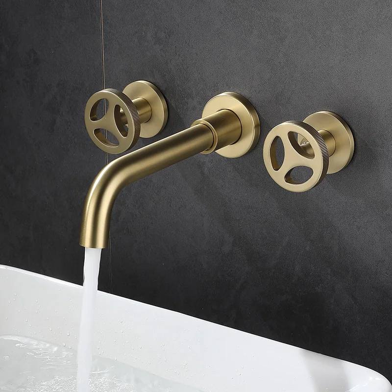 Wall Mounted Bathroom Faucet With Gear Design Double Handles Hot Cold Sink Water Mixer Brushed Gold Faucet
Wall Mounted Bathroom Faucet With Gear Design Double Handles Hot Cold Sink Water Mixer Brushed Gold Faucet