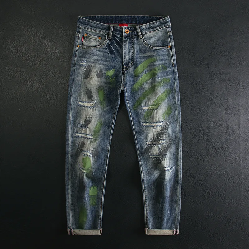 Trendy patch, hole print, graffiti jeans for men, slim fit, elastic, retro design, personalized and trendy denim pants
Trendy patch, hole print, graffiti jeans for men, slim fit, elastic, retro design, personalized and trendy denim pants