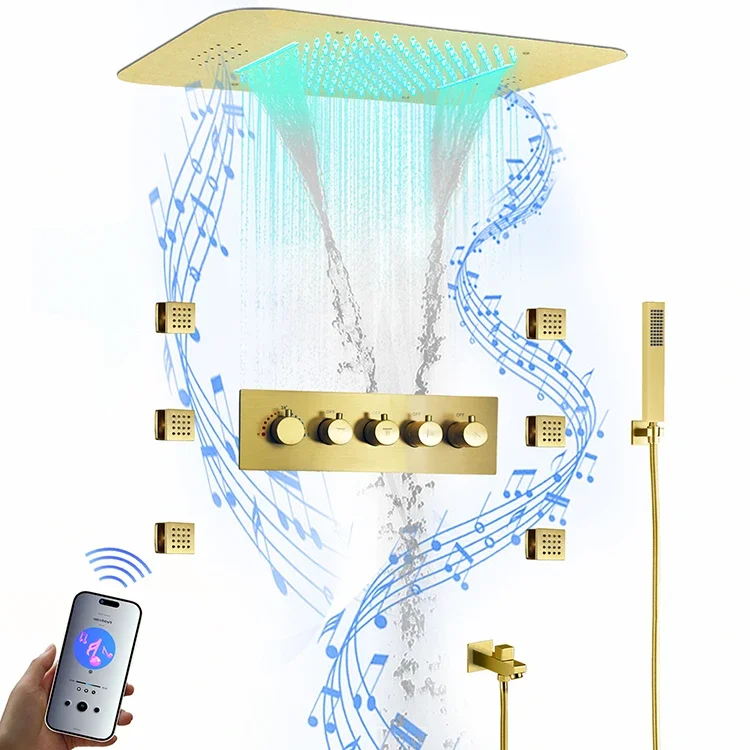 Luxury Ceiling embedded 580*380mm Led shower head Bathroom Thermostatic Rain Waterfall LED Shower Faucet system brushed gold
Luxury Ceiling embedded 580*380mm Led shower head Bathroom Thermostatic Rain Waterfall LED Shower Faucet system brushed gold