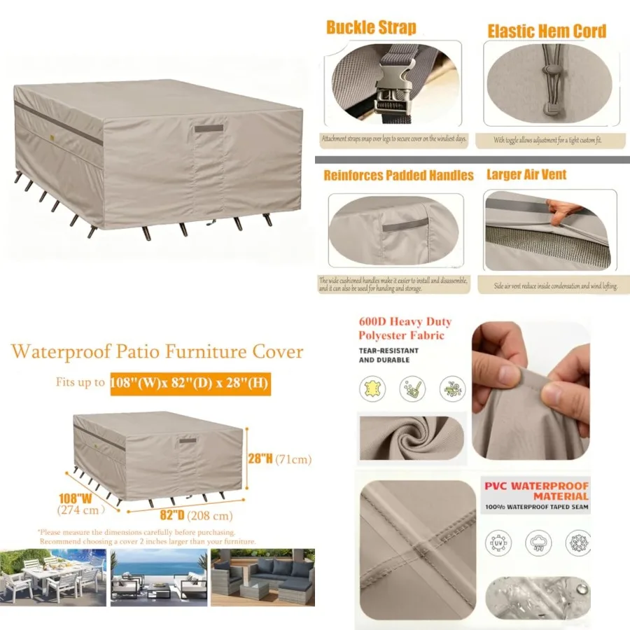 600D Heavy Duty Waterproof Patio Furniture Covers UV Resistant Rectangular Outdoor Table and Chair Covers 108 Wx 82 D x 28 H
600D Heavy Duty Waterproof Patio Furniture Covers UV Resistant Rectangular Outdoor Table and Chair Covers 108 Wx 82 D x 28 H