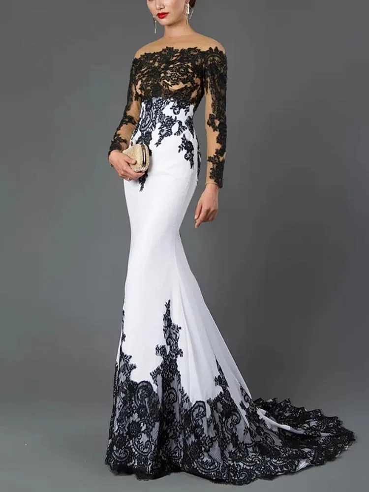 Black Lace Appliques Long Sleeve Mermaid Evening Dresses Sweep Train Formal Party Dress for Women Prom Gowns
Black Lace Appliques Long Sleeve Mermaid Evening Dresses Sweep Train Formal Party Dress for Women Prom Gowns