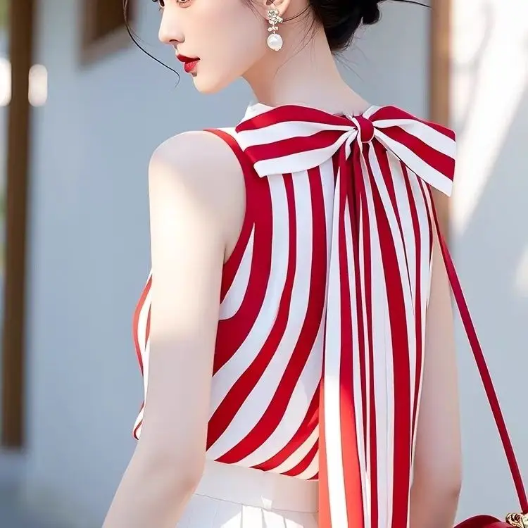 Gagaok Casual Red Striped Women Shirt Korean Fashion Chic Spring Summer Bow Bandage Sleeveless Shirts Gentle Blusas Mujer
Gagaok Casual Red Striped Women Shirt Korean Fashion Chic Spring Summer Bow Bandage Sleeveless Shirts Gentle Blusas Mujer