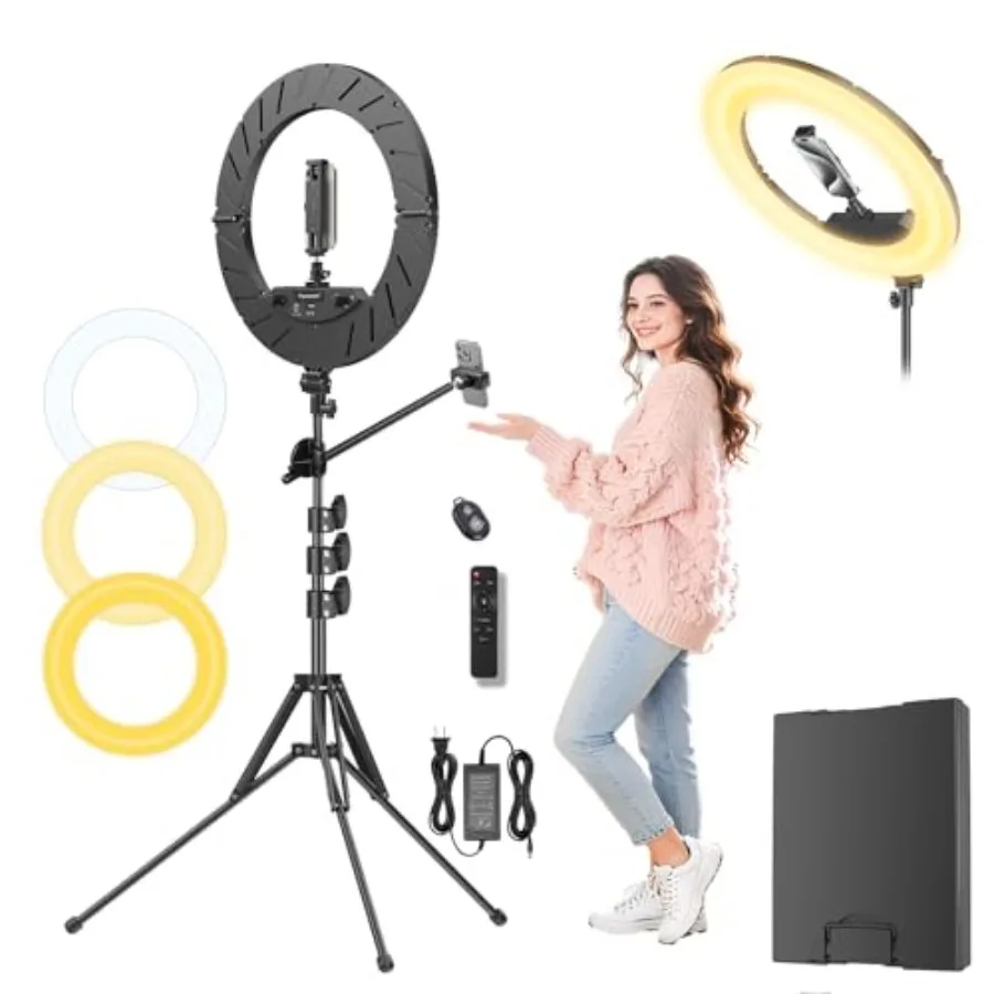 Ring Light 18" with Stand, 55w 6700K LED Light, 63" Tripod, Multi-Angle Adjustable Phone Stand, for iPhone and Android Phones,
Ring Light 18" with Stand, 55w 6700K LED Light, 63" Tripod, Multi-Angle Adjustable Phone Stand, for iPhone and Android Phones,