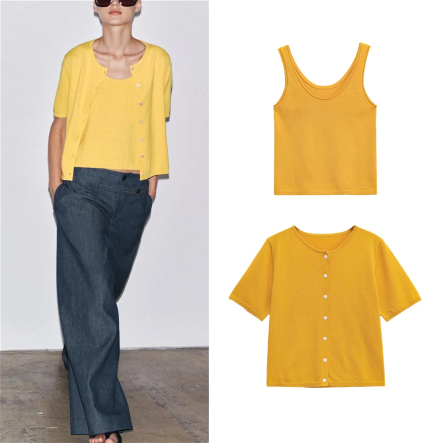 New Arrival Women's Casual Fashion Short Sleeve Knitted Jacket with Wide Shoulder Strap 3471032 Top And Bottom Set Summer Spring
New Arrival Women's Casual Fashion Short Sleeve Knitted Jacket with Wide Shoulder Strap 3471032 Top And Bottom Set Summer Spring