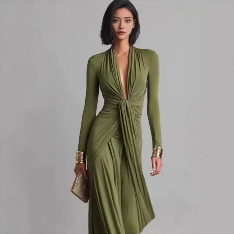 Women's Elegant Deep V Neck Maxi Dress Spring Twist Knot Ruched Floor-Length Evening Gown Autumn New Long Sleeve Slim Boho Dress
Women's Elegant Deep V Neck Maxi Dress Spring Twist Knot Ruched Floor-Length Evening Gown Autumn New Long Sleeve Slim Boho Dress
