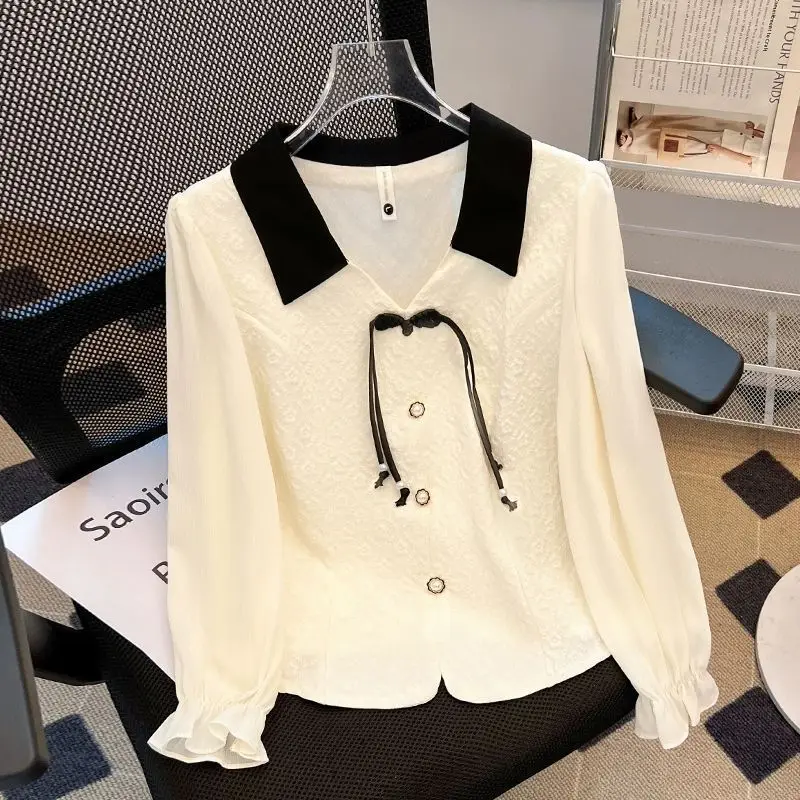 Women Clothing Vintage Long Sleeve Contrast Button Blouse Polo Neck Loose Temperament Loose Shirt Tops Fashion Elegant Autumn
Women Clothing Vintage Long Sleeve Contrast Button Blouse Polo Neck Loose Temperament Loose Shirt Tops Fashion Elegant Autumn