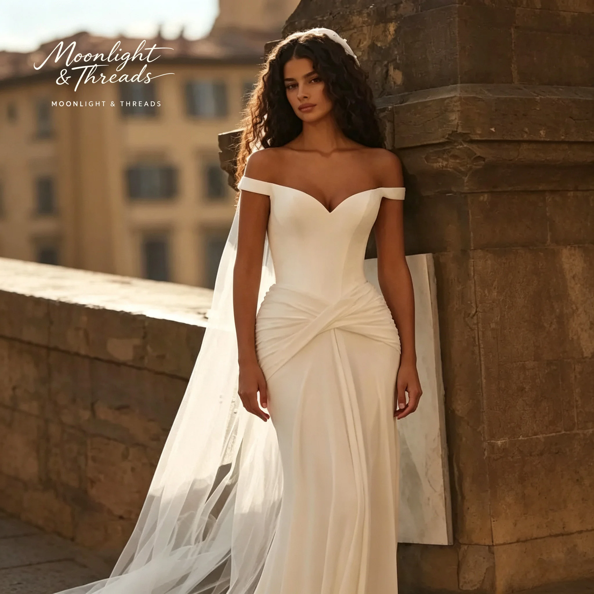 Ivory satin off-the-shoulder strapless sleeveless floor-length formal wedding gown with draped open back and mermaid silhouette
Ivory satin off-the-shoulder strapless sleeveless floor-length formal wedding gown with draped open back and mermaid silhouette