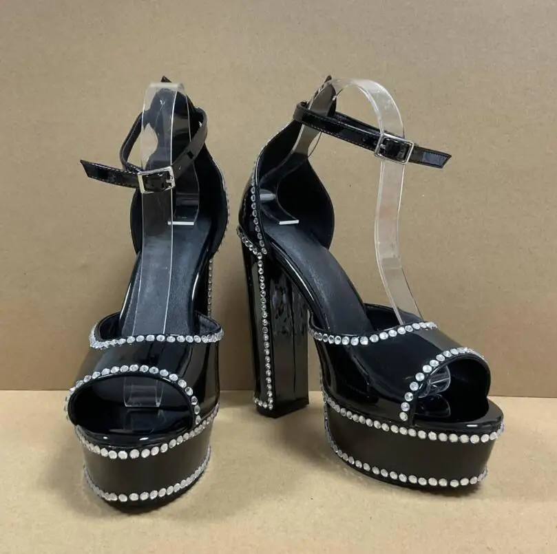 Bling Rhinestone Edge Platform Chunky Heels Sandals Patent Leather High Heel Ankle Strap Peep Toe Crystal Evening Banquet Shoes
Bling Rhinestone Edge Platform Chunky Heels Sandals Patent Leather High Heel Ankle Strap Peep Toe Crystal Evening Banquet Shoes