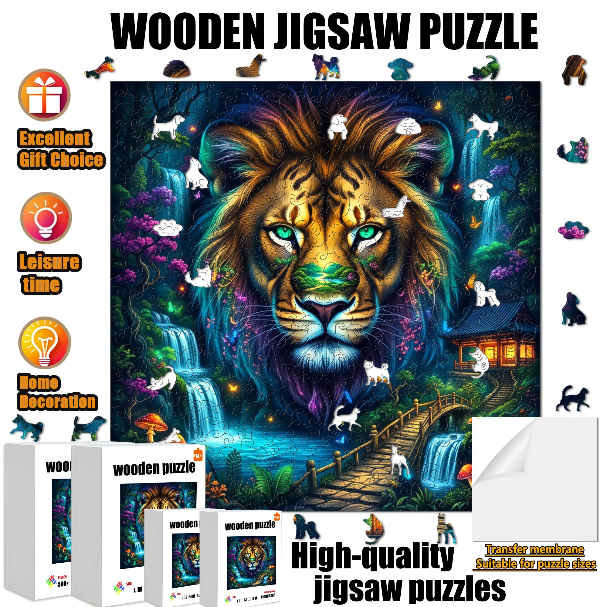 Irregularly shaped wooden puzzle of small dog animals, suitable for both adults . It features a fantasy-themed lion.
Irregularly shaped wooden puzzle of small dog animals, suitable for both adults . It features a fantasy-themed lion.