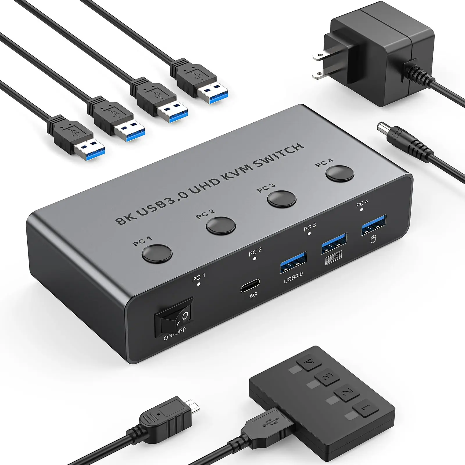5G USB3.0 KVM Switch HDMI 8K@60Hz for 4 Computer Share 1 Monitor,4 Port Switch with 3 USB 3.0+1 USB-C Ports Share Keyboard Mouse 
5G USB3.0 KVM Switch HDMI 8K@60Hz for 4 Computer Share 1 Monitor,4 Port Switch with 3 USB 3.0+1 USB-C Ports Share Keyboard Mouse