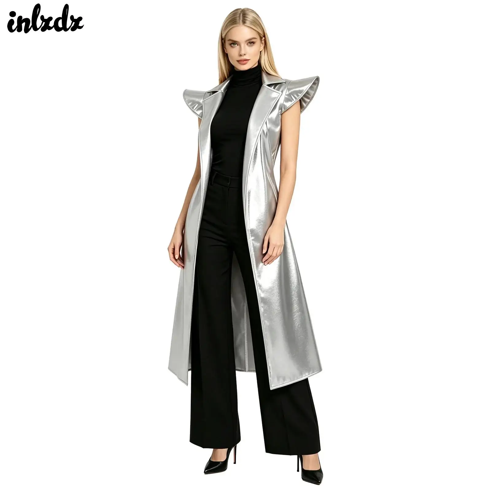 Womens Shiny Metallic Holographic Sleeveless Trench Chic Longline Coat Notch Lapel Open Front Belted Long Jacket Rave Clubwear
Womens Shiny Metallic Holographic Sleeveless Trench Chic Longline Coat Notch Lapel Open Front Belted Long Jacket Rave Clubwear