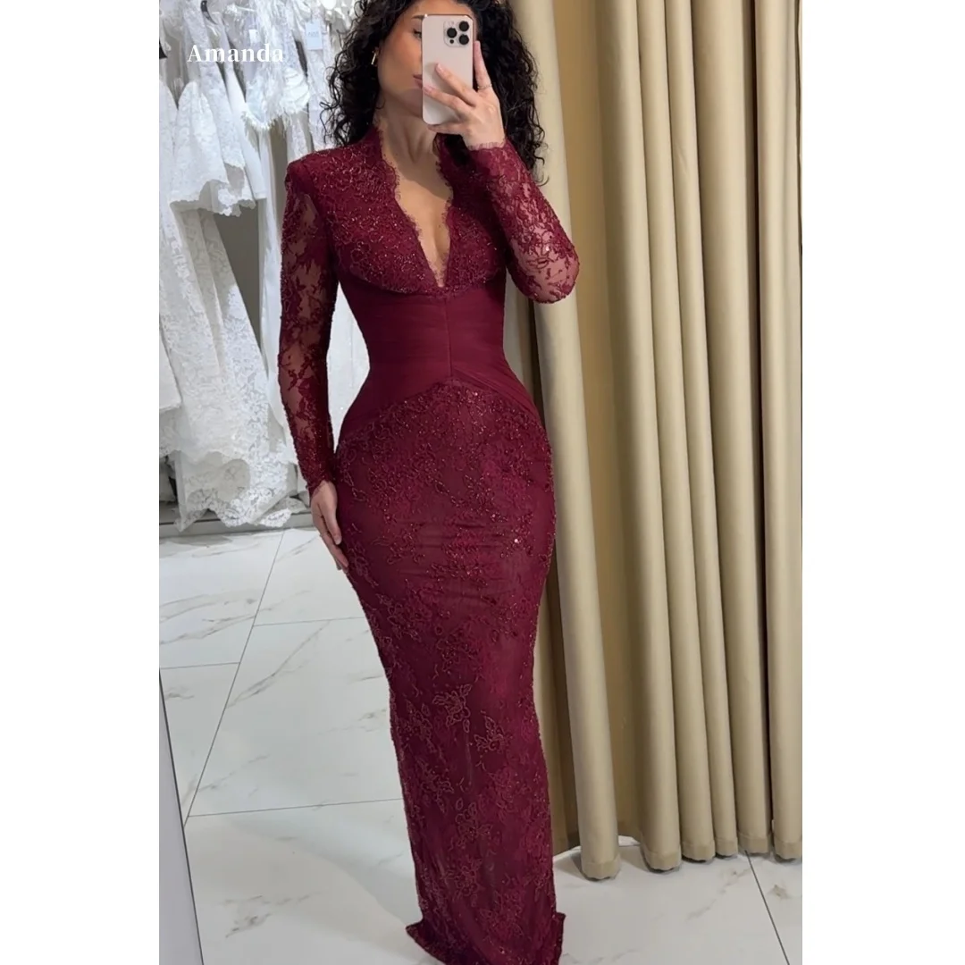 Amanda Customized Burgundy V Neck Long Sleeve Lace Beaded Ruched Fitted Mermaid Prom Dress Formal Evening vestidos de noche 2026
Amanda Customized Burgundy V Neck Long Sleeve Lace Beaded Ruched Fitted Mermaid Prom Dress Formal Evening vestidos de noche 2026