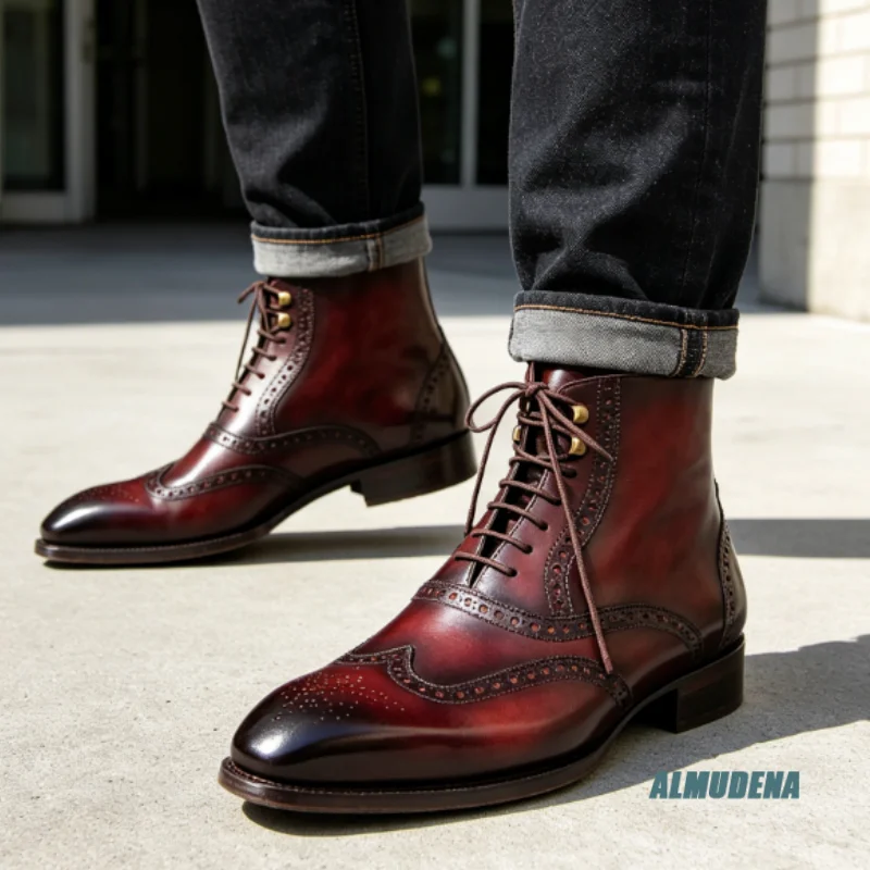 Retro Gold Eyelet Lace Up Combat Ankle Boots Men Glossy Burgundy Gradient Outdoor Trendy Versatile Business Wedding Short Boots
Retro Gold Eyelet Lace Up Combat Ankle Boots Men Glossy Burgundy Gradient Outdoor Trendy Versatile Business Wedding Short Boots