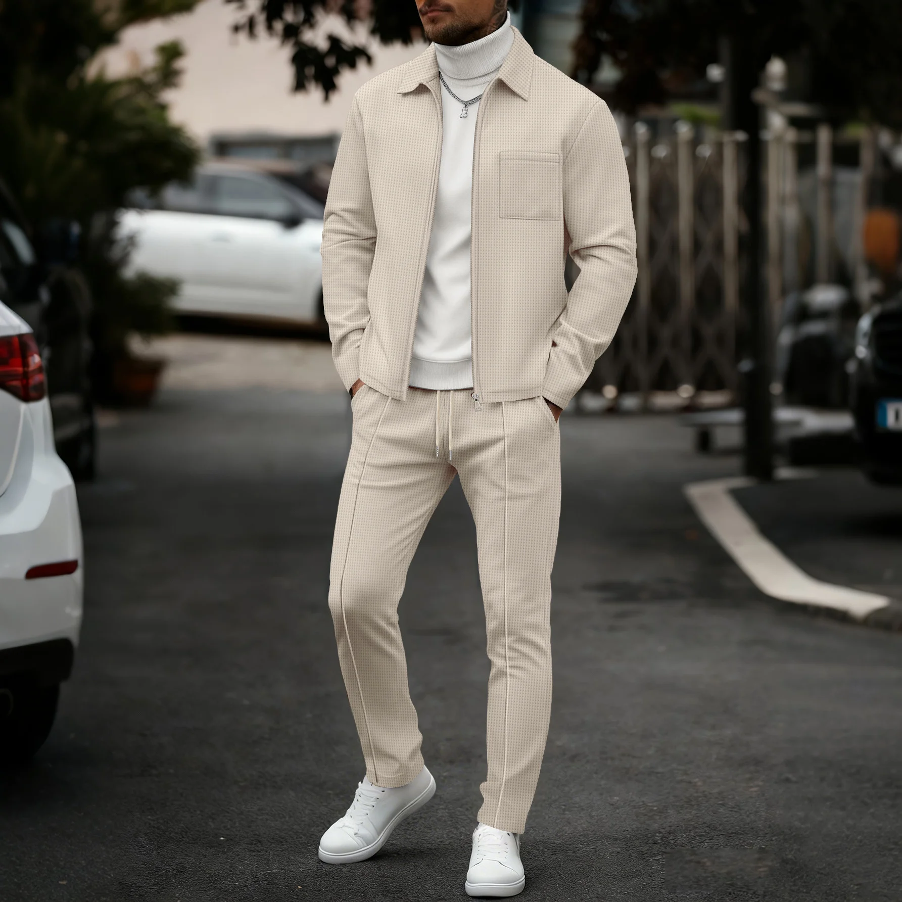 26 popular men's autumn and winter waffle knit solid color zipper placket pocket lapel two-piece sets (jacket and pants)
26 popular men's autumn and winter waffle knit solid color zipper placket pocket lapel two-piece sets (jacket and pants)