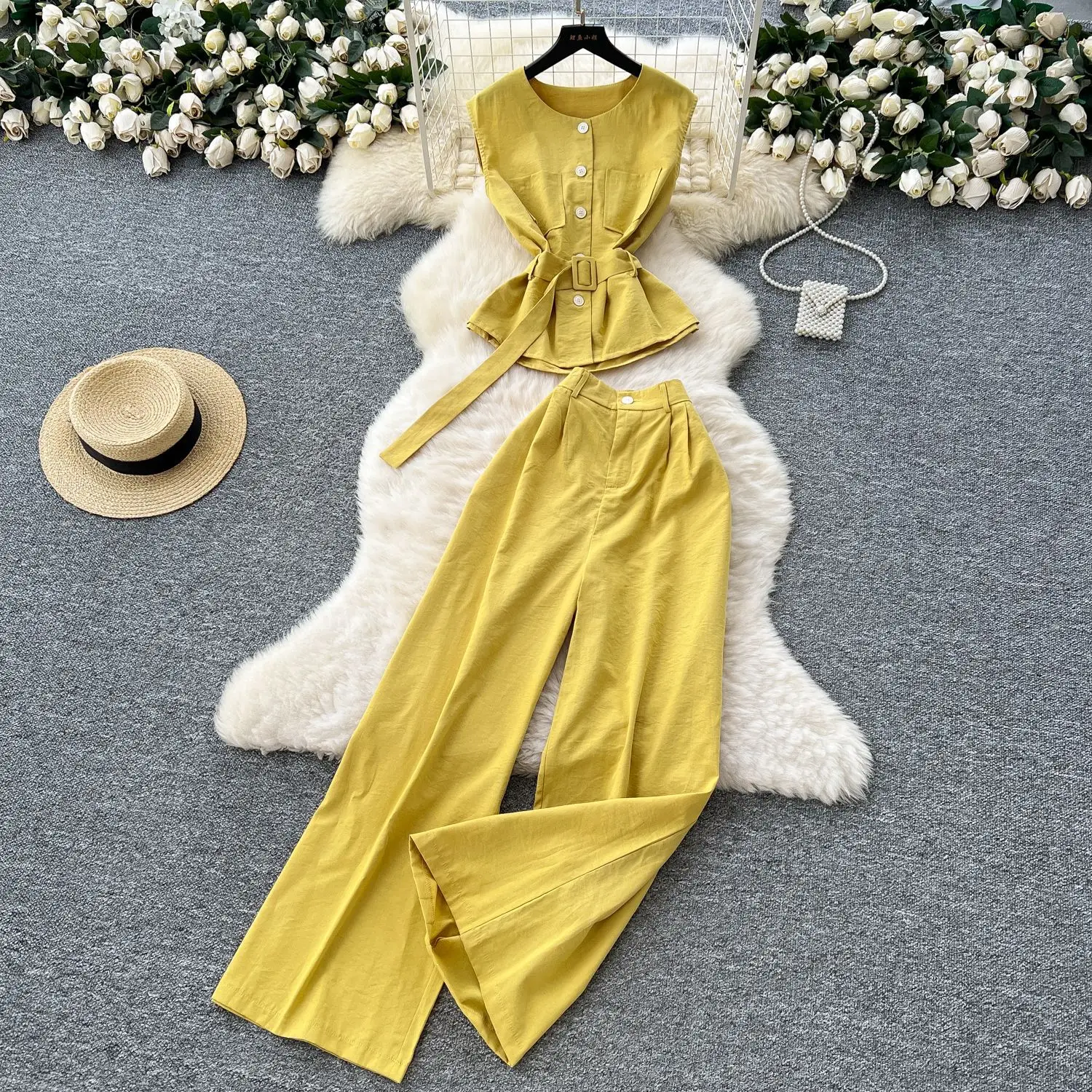 Pant Set Women Two Piece Sets Matching Sets Sleeveless High Waist Belt Casual Tops Wide Leg Long Pants High Waist Summer 2025
Pant Set Women Two Piece Sets Matching Sets Sleeveless High Waist Belt Casual Tops Wide Leg Long Pants High Waist Summer 2025