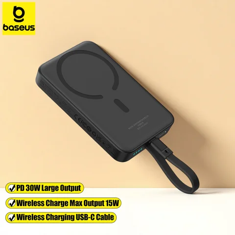 Baseus 30W Magnetic Power Bank 10000mAh PD Charging Powerbank Battery Charger Built-in Cable for iPhone 17 16 15 14 for Samsung