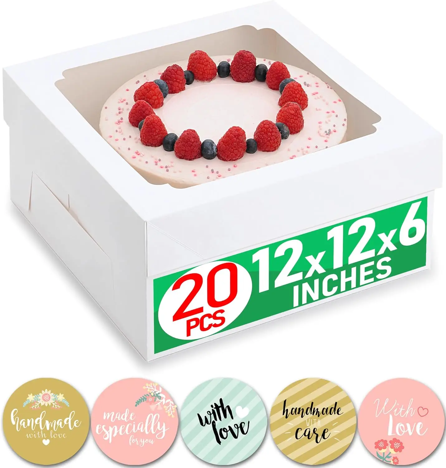 12x12x6 inch Cake Boxes 20 Pcs with Window, Sturdy White Cardboard for 6 Inch Tall Cakes, Pies, Bakery Supplies (80 Stickers)
12x12x6 inch Cake Boxes 20 Pcs with Window, Sturdy White Cardboard for 6 Inch Tall Cakes, Pies, Bakery Supplies (80 Stickers)