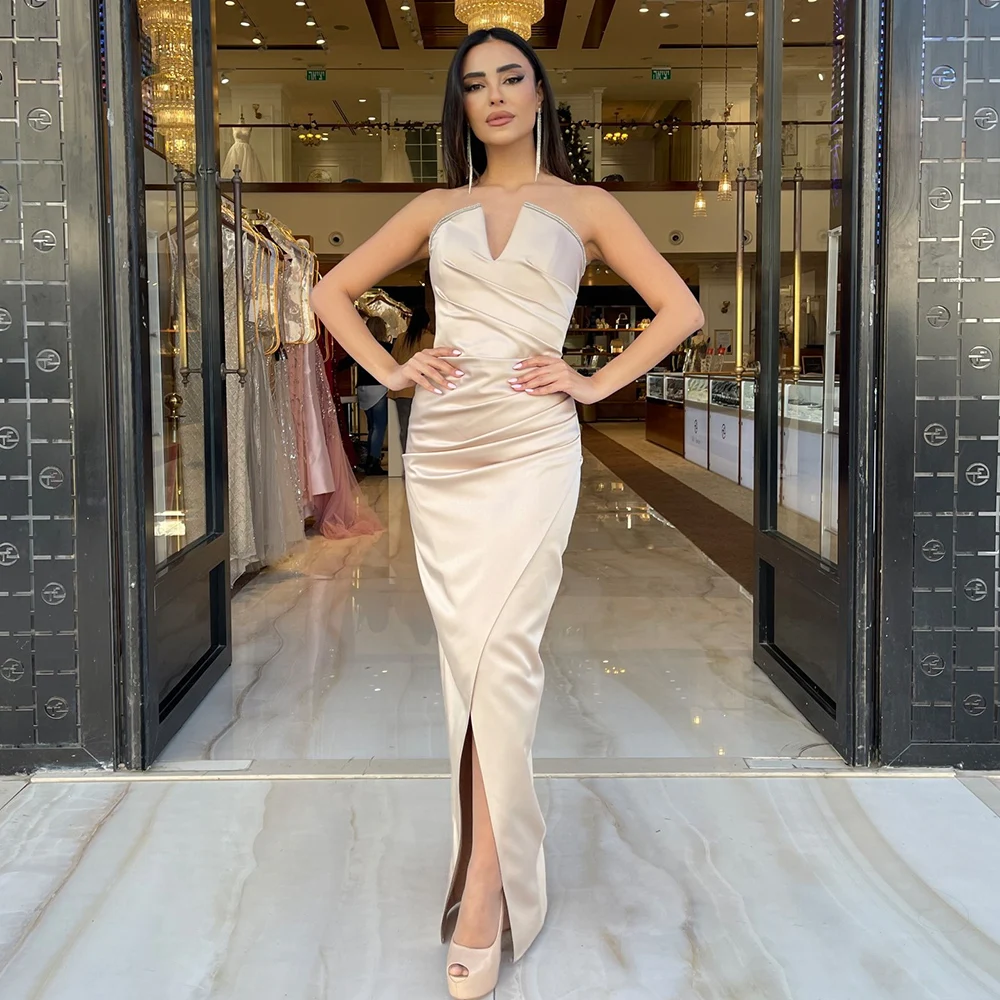 Strapless Evening Dresses Pleat V-Neck Satin Mermaid Ball Gowns 2022 Champagne Sleeveless Side Split Party Dress robe de soirée
Strapless Evening Dresses Pleat V-Neck Satin Mermaid Ball Gowns 2022 Champagne Sleeveless Side Split Party Dress robe de soirée