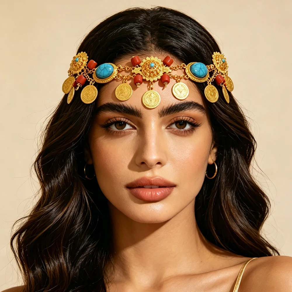Vintage Ethnic Turquoise Coin Head Chain Gold Hollow Design with Pendants Adjustable Forehead Jewelry for Ladies Outfits
Vintage Ethnic Turquoise Coin Head Chain Gold Hollow Design with Pendants Adjustable Forehead Jewelry for Ladies Outfits