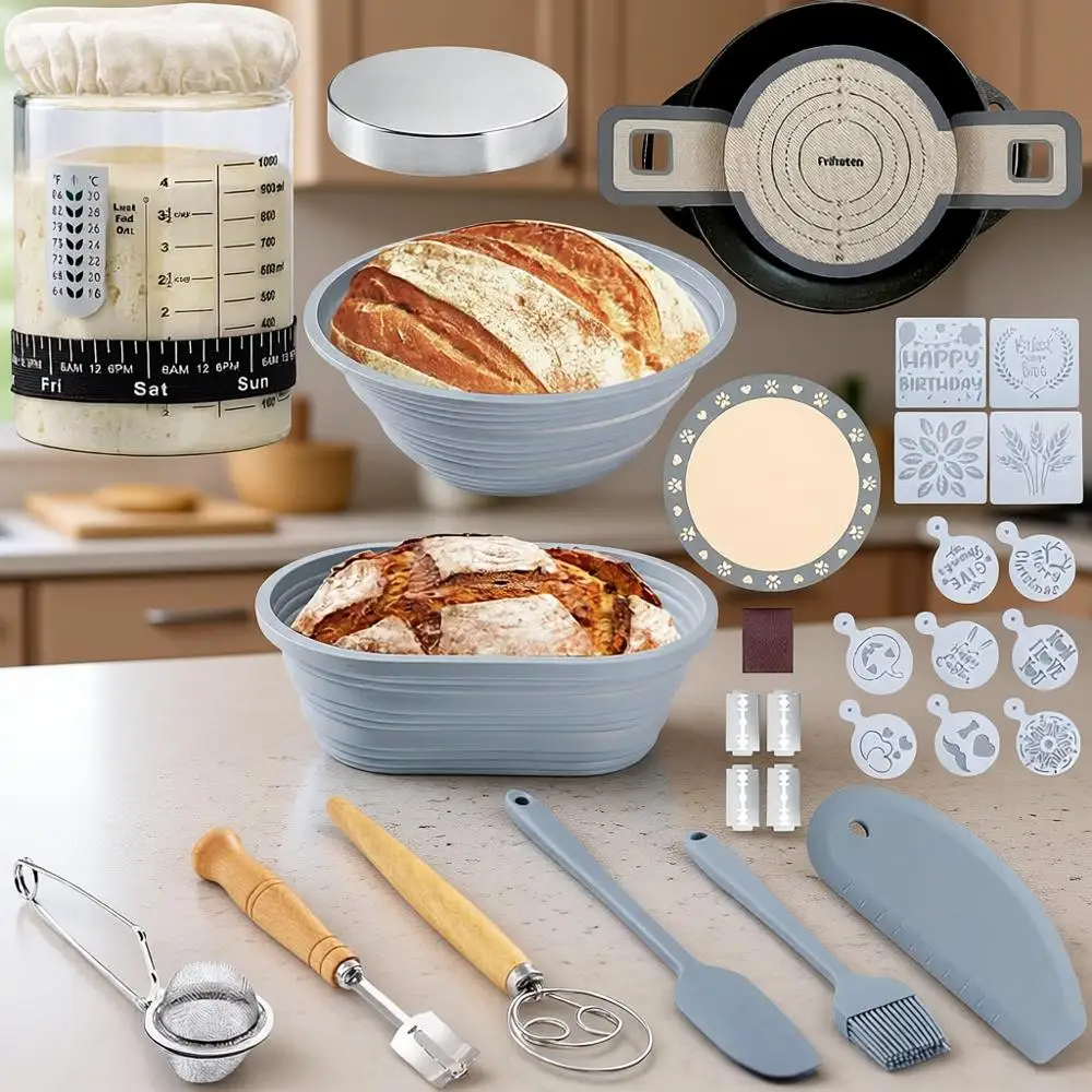 Sourdough Starter Essentials: 40oz Jar, Silicone Banneton Set, Bread Proving Baskets & Tools
Sourdough Starter Essentials: 40oz Jar, Silicone Banneton Set, Bread Proving Baskets & Tools