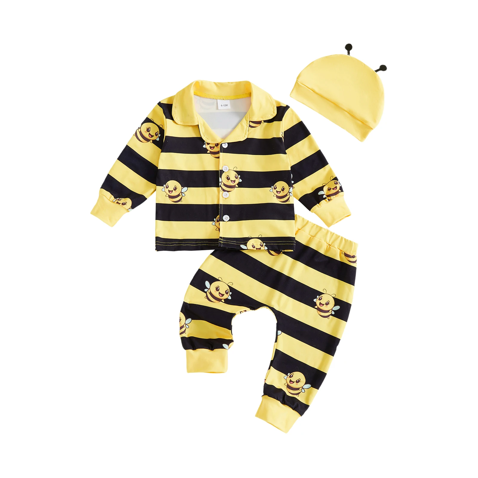 Baby Boy 3 Piece Outfits Long Sleeve Turn Down Collar Button Up Bee Pattern Striped Tops Elastic Waist Pants and Hat Set
Baby Boy 3 Piece Outfits Long Sleeve Turn Down Collar Button Up Bee Pattern Striped Tops Elastic Waist Pants and Hat Set