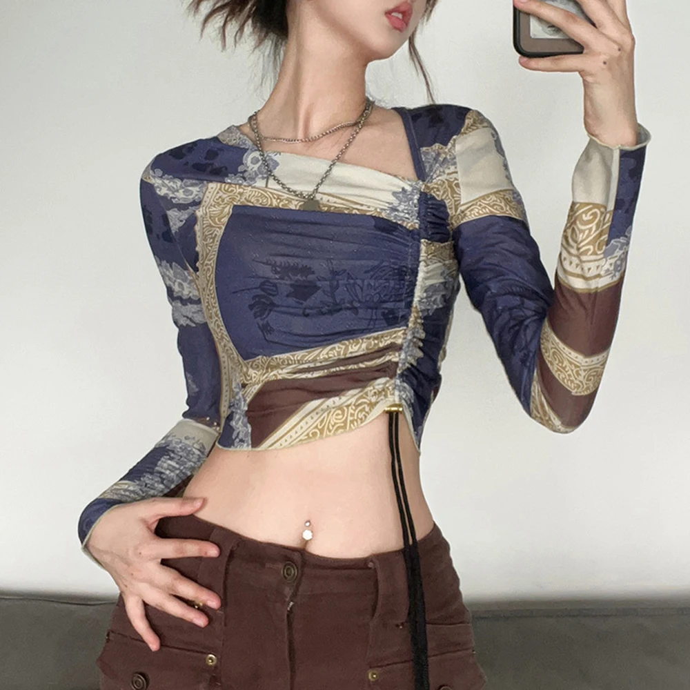 Vintage printed drawstring slim fit long sleeve T-shirt Women's autumn fashion trend Women's new round neck top
Vintage printed drawstring slim fit long sleeve T-shirt Women's autumn fashion trend Women's new round neck top