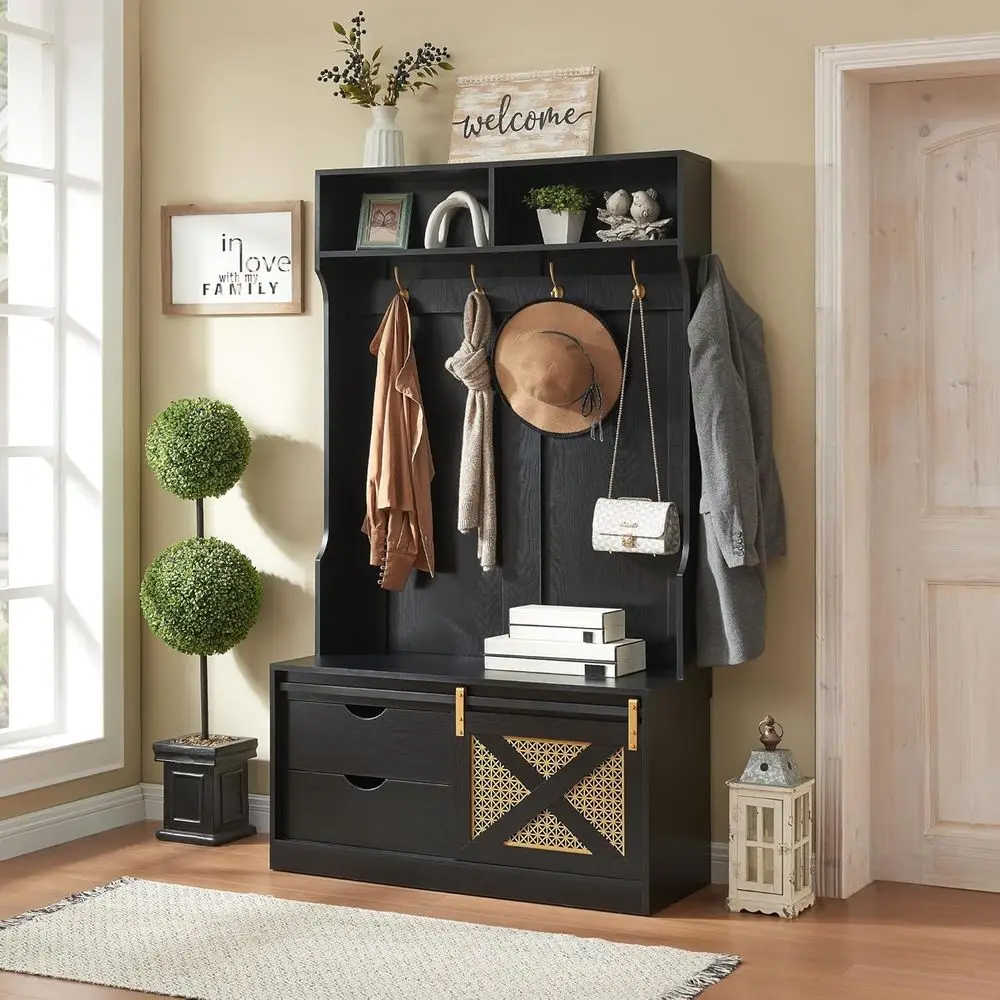 71-Inch Tall Entryway Coat Rack with Storage Bench and Hooks, Ideal for Hallway, Living Room, or Mudroom in Black
71-Inch Tall Entryway Coat Rack with Storage Bench and Hooks, Ideal for Hallway, Living Room, or Mudroom in Black