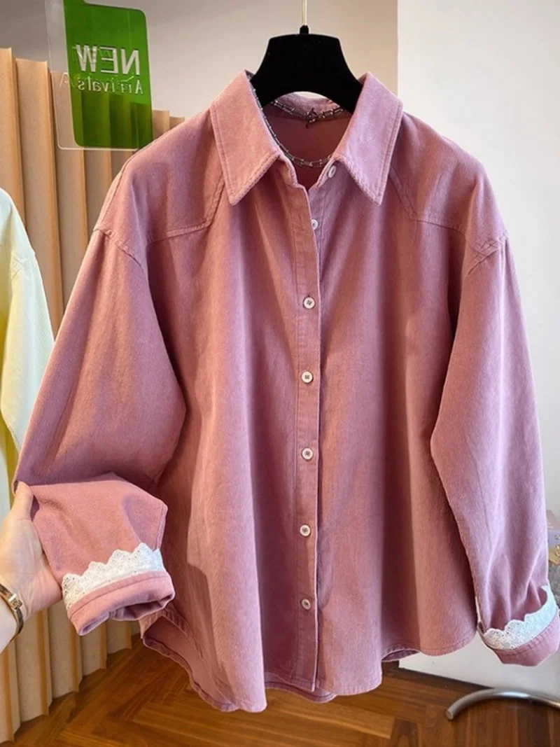 Corduroy Shirt Jacket For Women's Early Autumn 2025 New Design Lace Splicing Long Sleeved Loose Top w226 
Corduroy Shirt Jacket For Women's Early Autumn 2025 New Design Lace Splicing Long Sleeved Loose Top w226