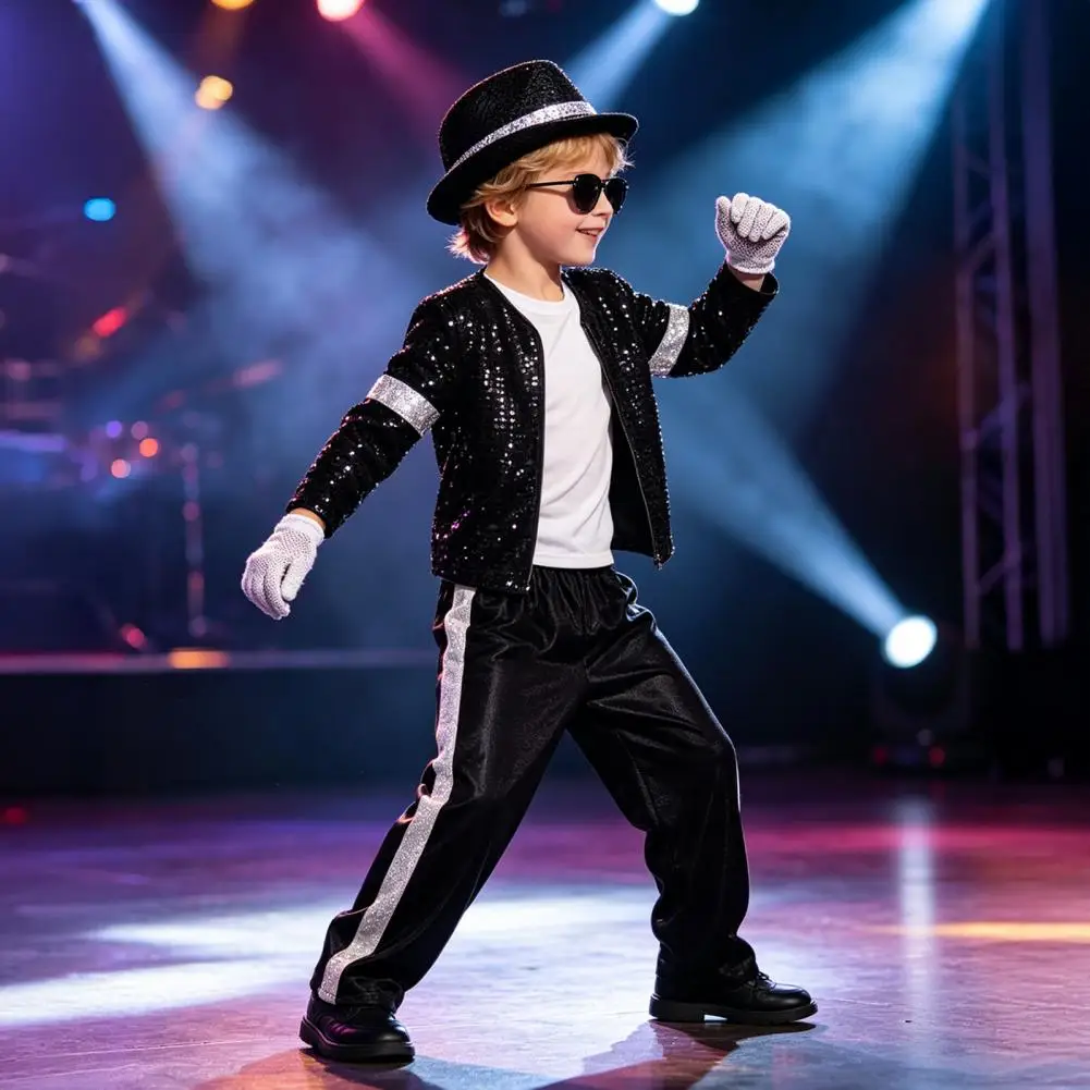 Kids Party Costume Set Black Sequin Jacket, Top, Trousers Eye-catching Stage Costume 7 Piece Dance Party Outfits for Halloween
Kids Party Costume Set Black Sequin Jacket, Top, Trousers Eye-catching Stage Costume 7 Piece Dance Party Outfits for Halloween