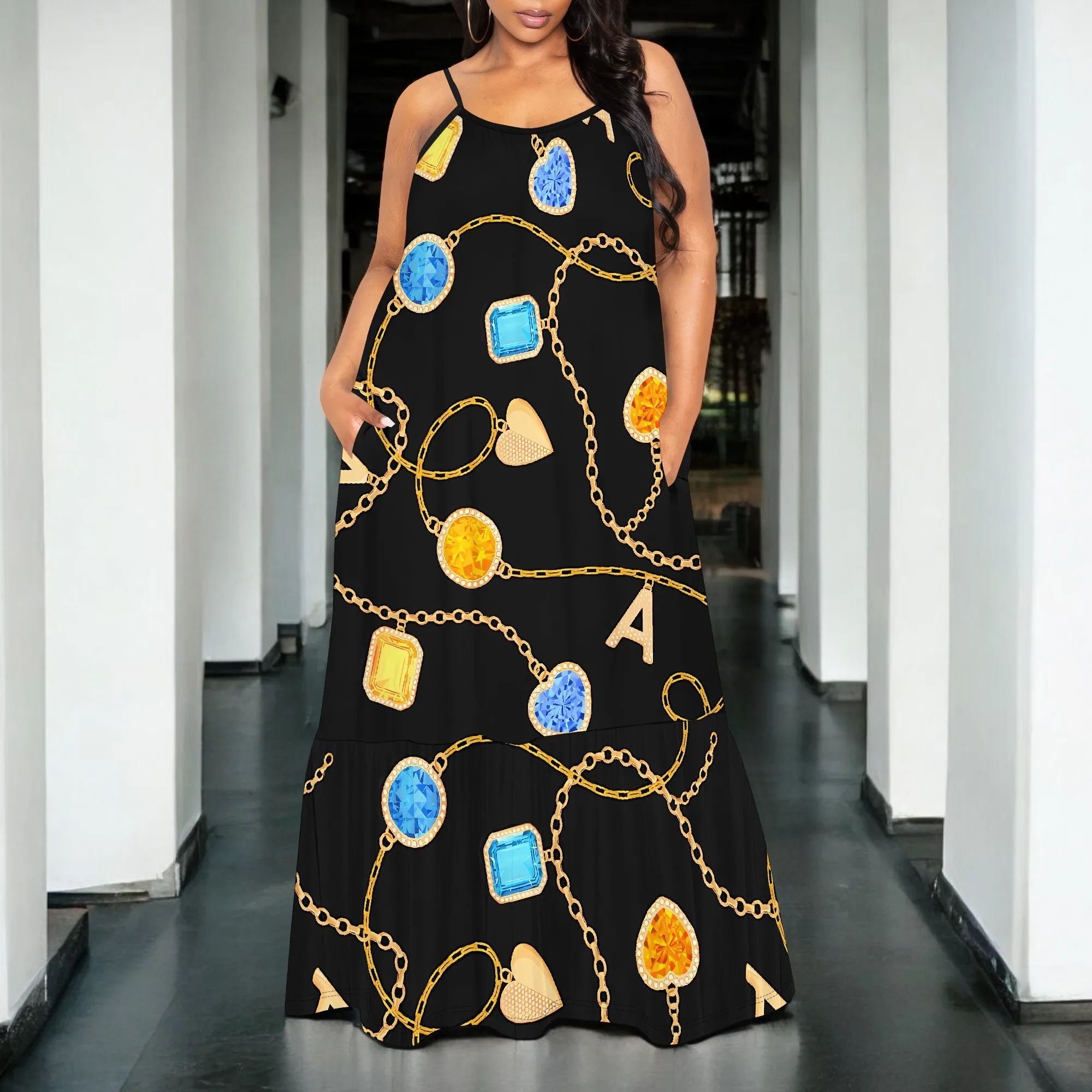 Gold Chain Print Sleeveless Maxi Dress Women Elegant Summer Long Dress with Spaghetti Straps
Gold Chain Print Sleeveless Maxi Dress Women Elegant Summer Long Dress with Spaghetti Straps