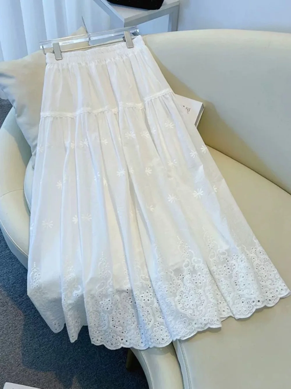White Embroidered Midi Skirt Women French Lace A Line Skirt High Waist Floral Summer Dress Boho Chic Vacation Outfit 
White Embroidered Midi Skirt Women French Lace A Line Skirt High Waist Floral Summer Dress Boho Chic Vacation Outfit