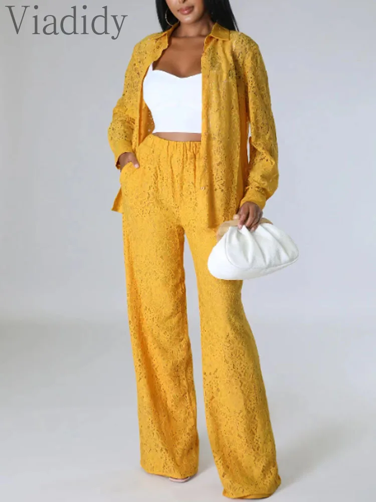 Women's Casual See Through Hollow Out Lace Long Sleeve Shirt Blouse and High Waist Wide Leg Pants 2pcs Set
Women's Casual See Through Hollow Out Lace Long Sleeve Shirt Blouse and High Waist Wide Leg Pants 2pcs Set